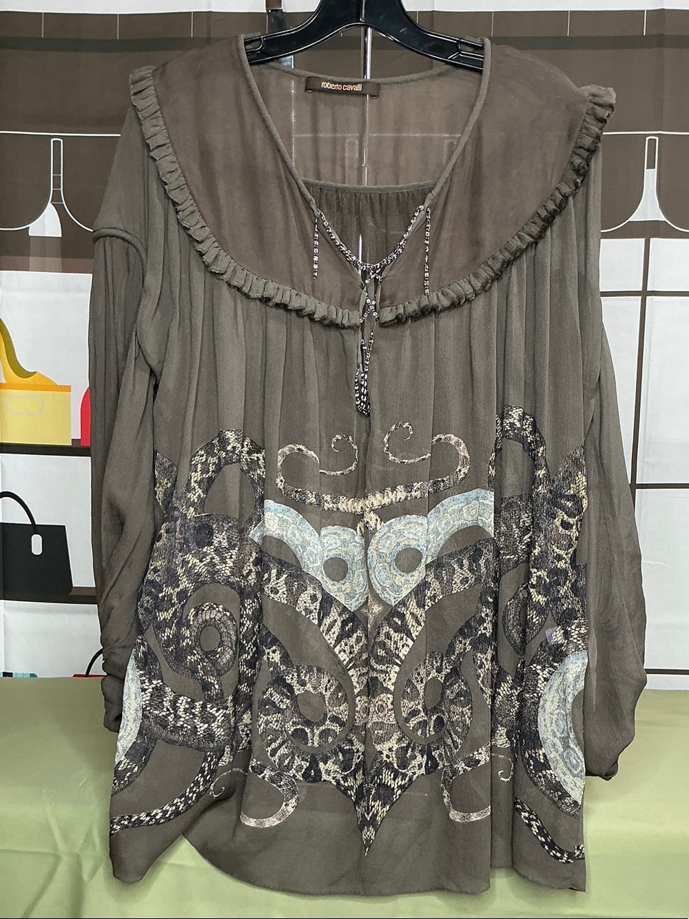 Roberto Cavalli Olive Brown Printed Ruffle-Paneled Silk Tunic # 2351
